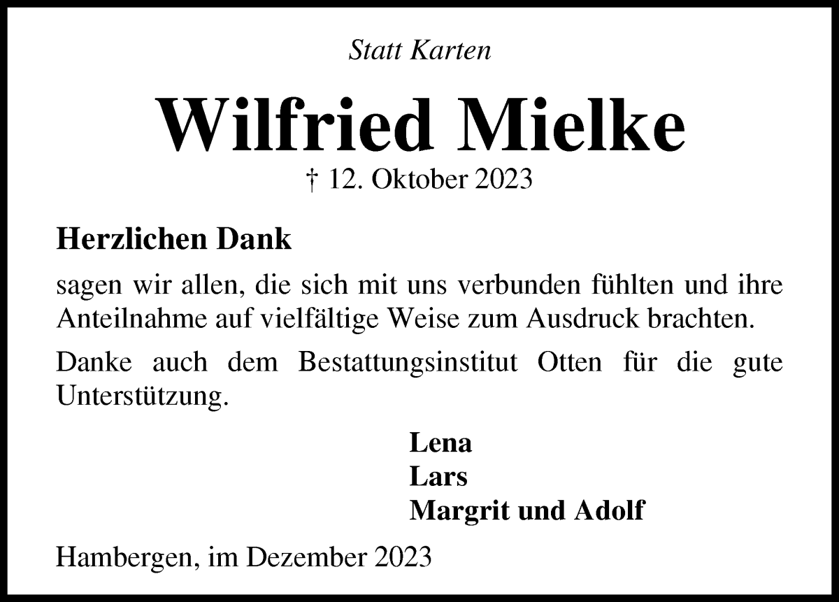 Traueranzeige von Wilfried Mielke von Osterholzer Kreisblatt