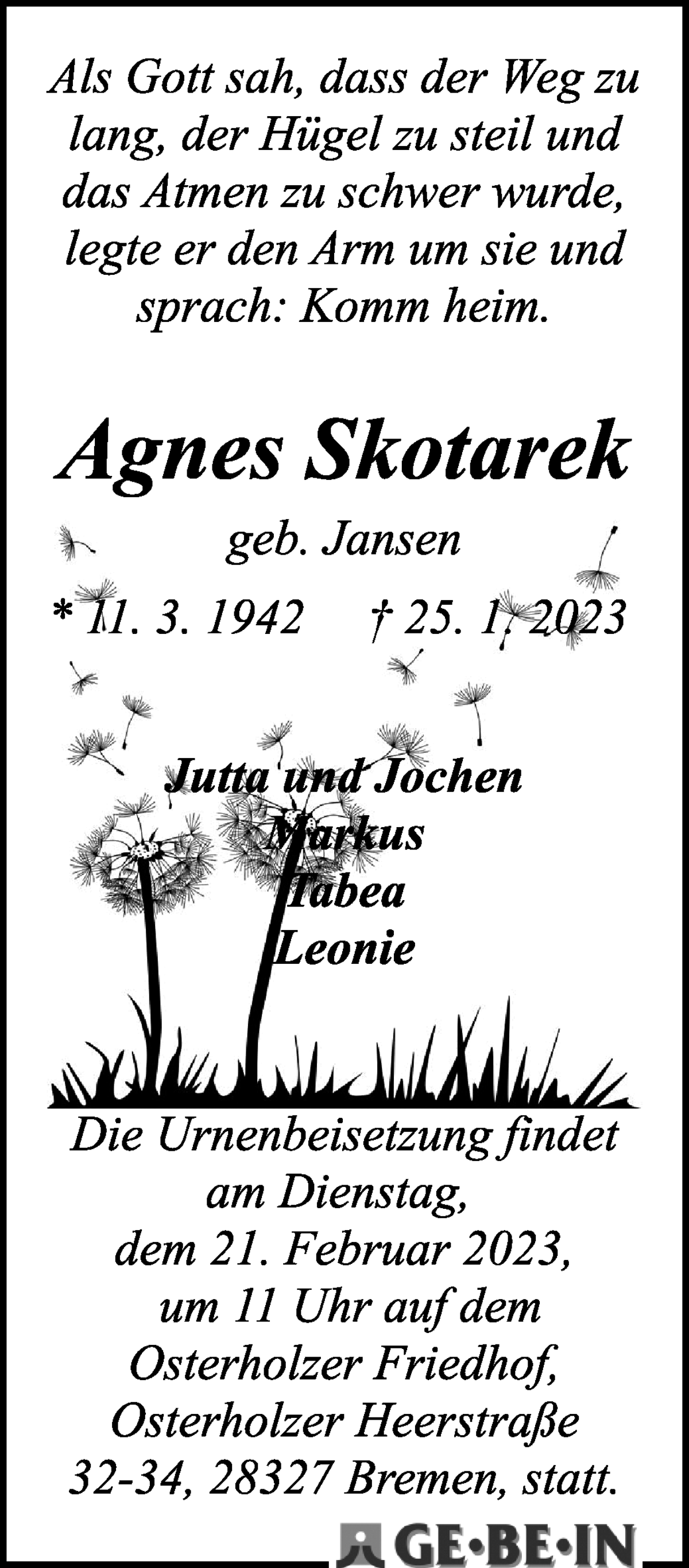 Traueranzeige von Agnes Skotarek von WESER-KURIER