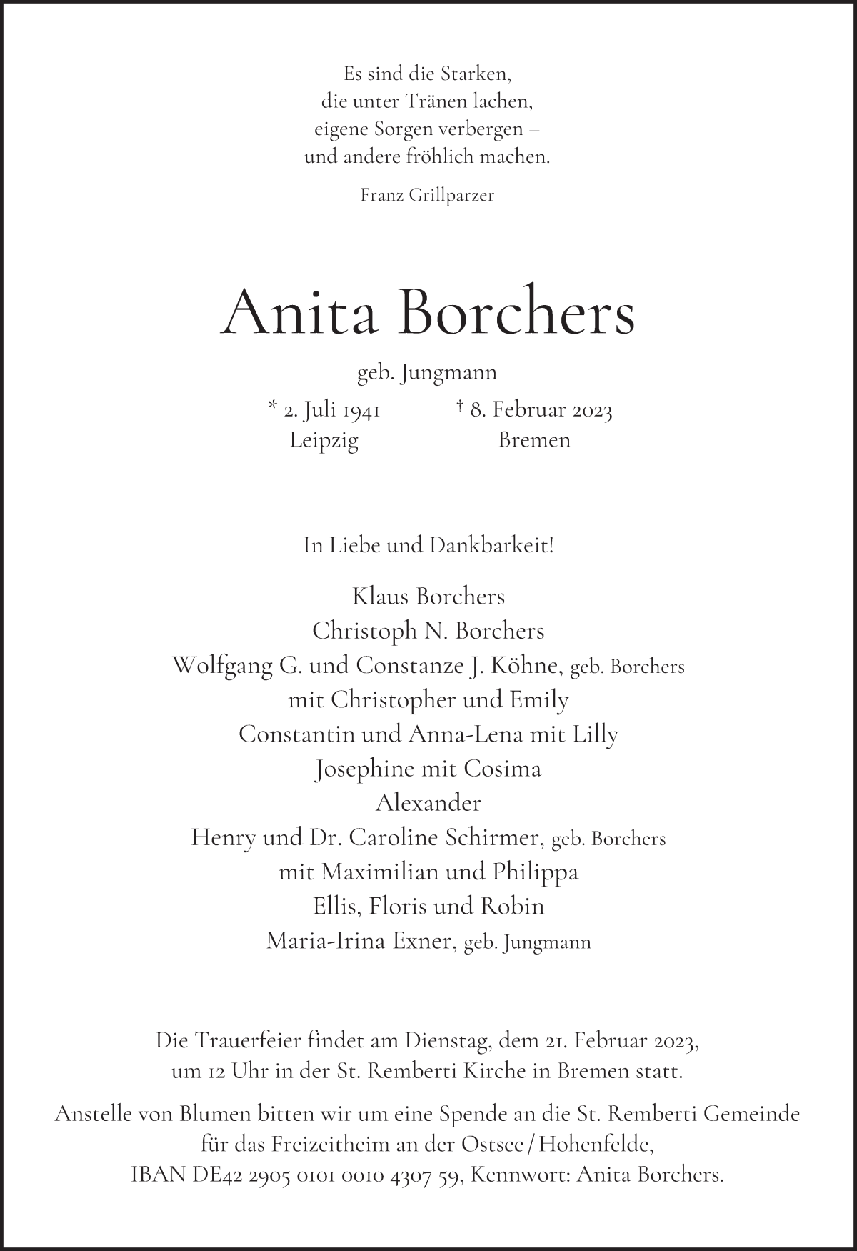 Traueranzeige von Anita Borchers von WESER-KURIER
