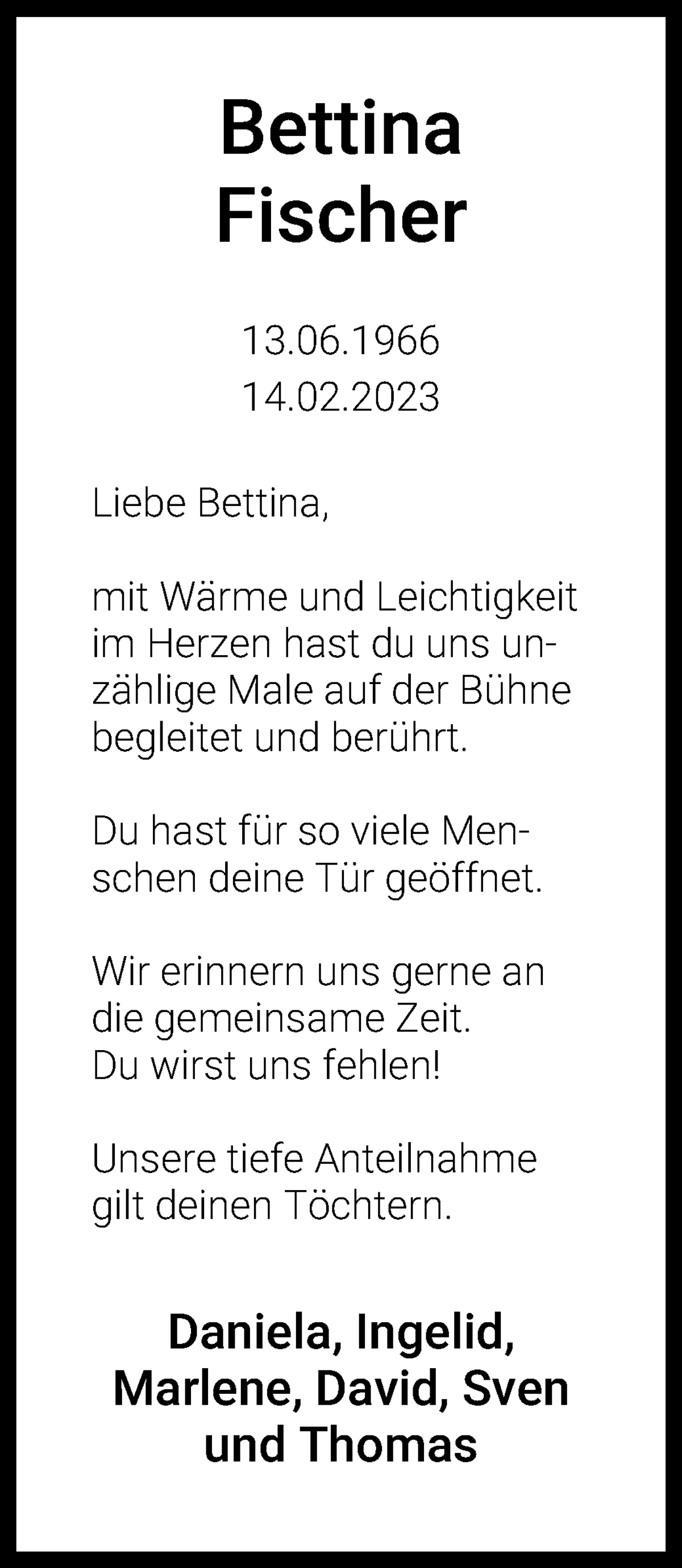 Traueranzeige von Bettina Fischer von WESER-KURIER