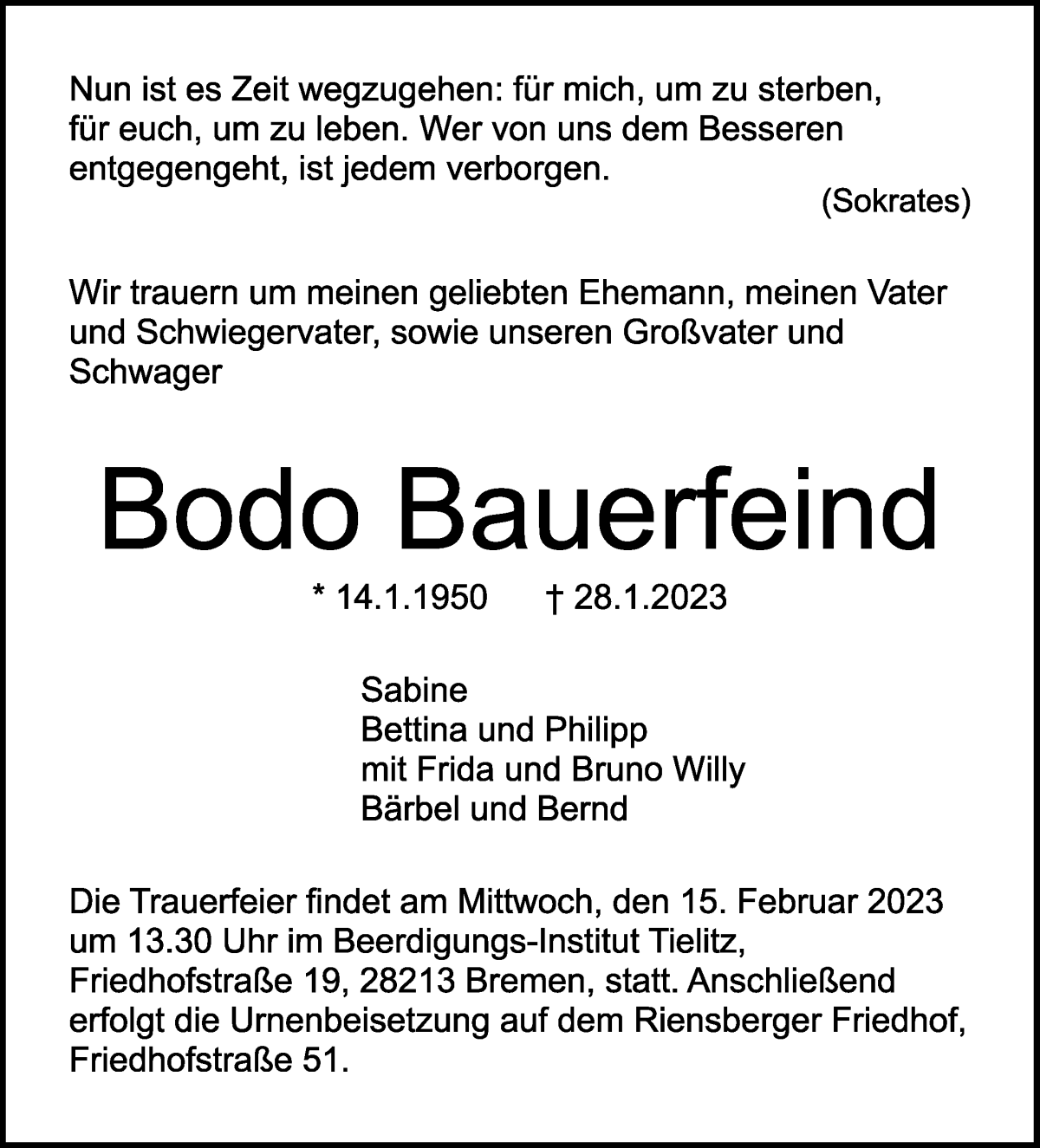 Traueranzeige von Bodo Bauerfeind von WESER-KURIER