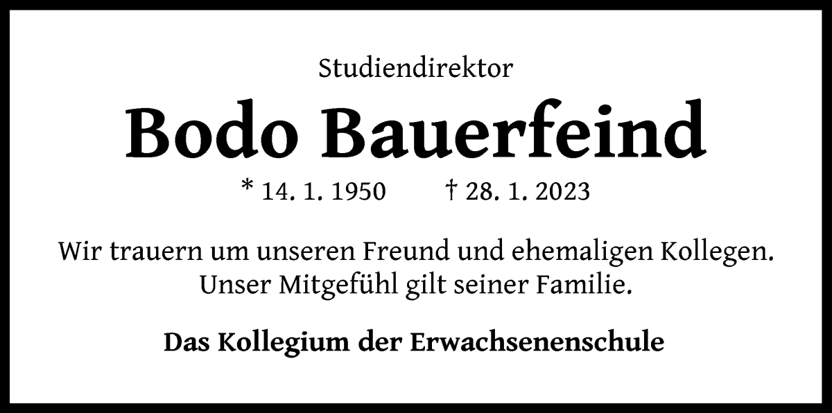 Traueranzeige von Bodo Bauerfeind von WESER-KURIER