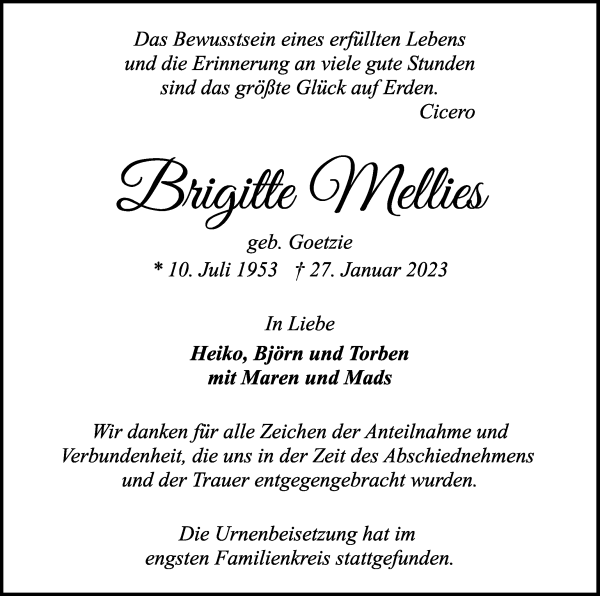 Traueranzeige von Brigitte Mellies von WESER-KURIER