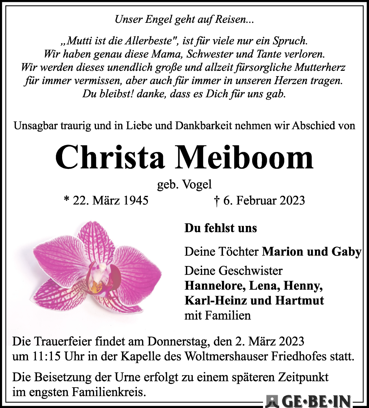 Traueranzeige von Christa Meiboom von WESER-KURIER