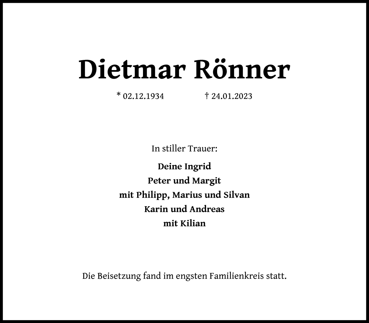 Traueranzeige von Dietmar Rönner von Die Norddeutsche