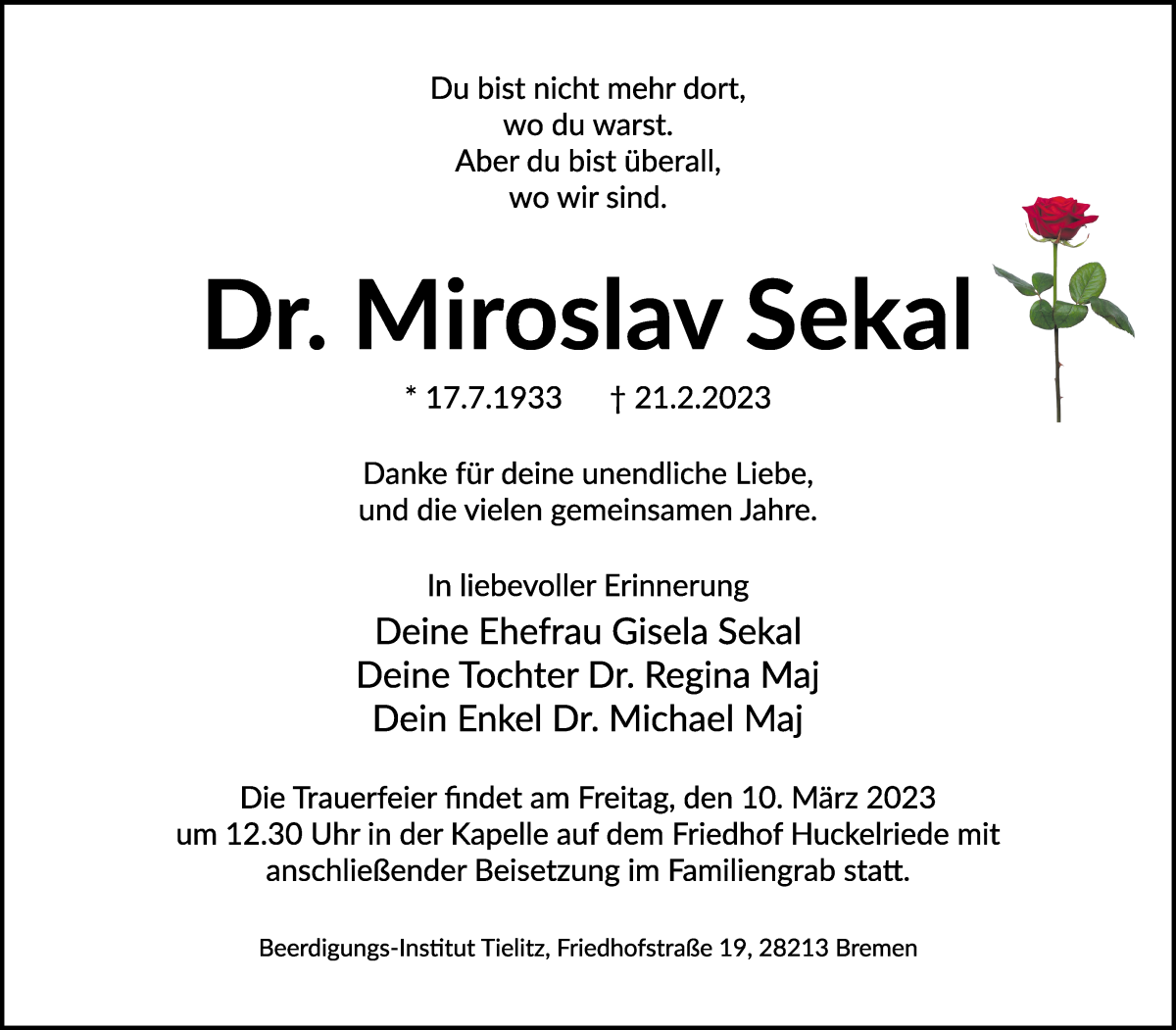 Traueranzeige von Dr. Miroslav Sekal von WESER-KURIER