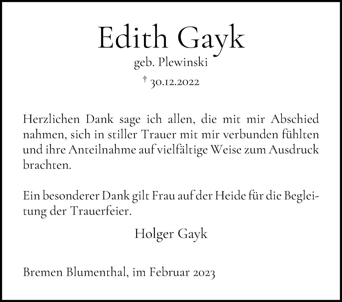 Traueranzeige von Edith Gayk von Die Norddeutsche
