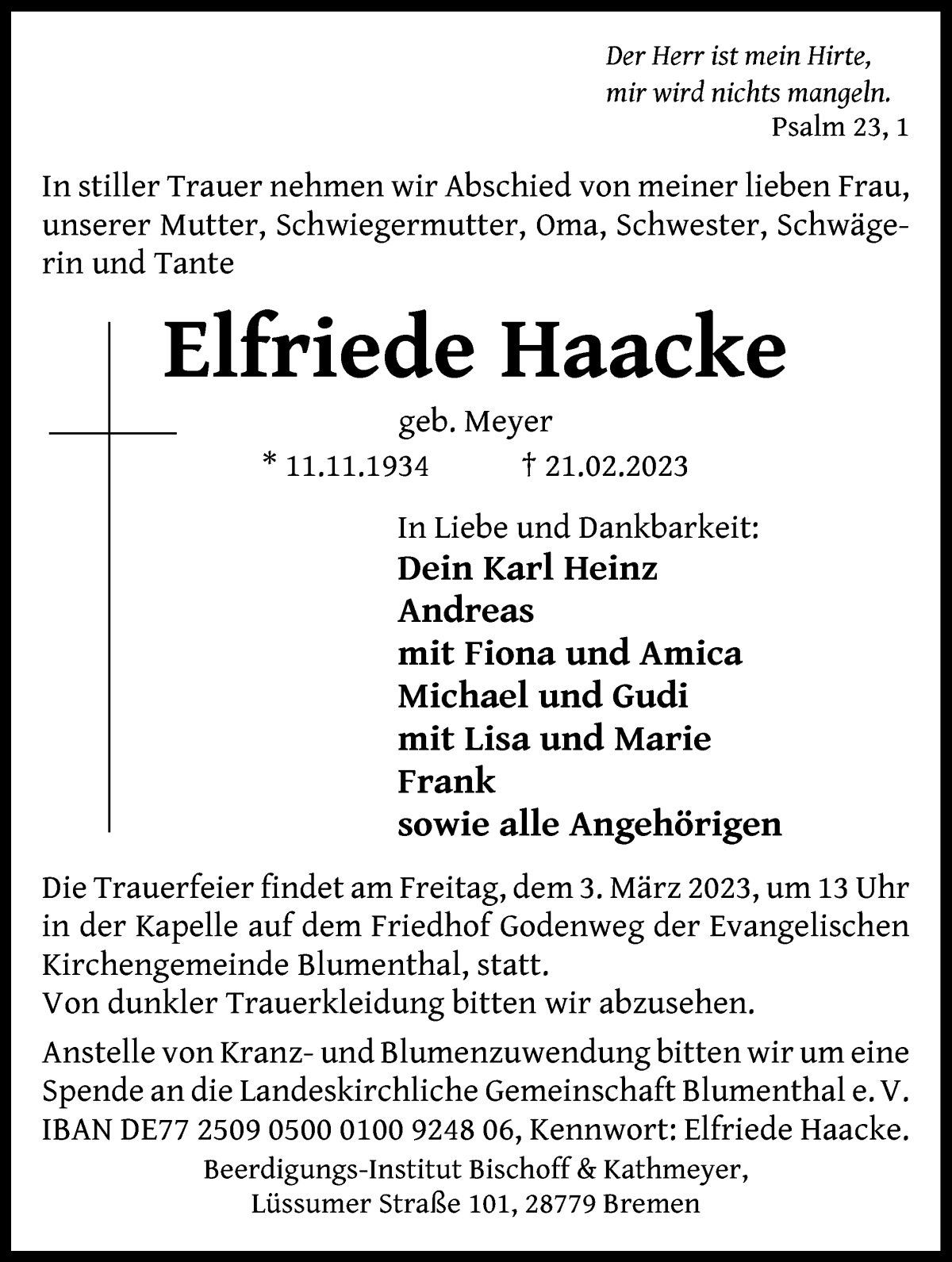 Traueranzeige von Elfriede Haacke von Die Norddeutsche