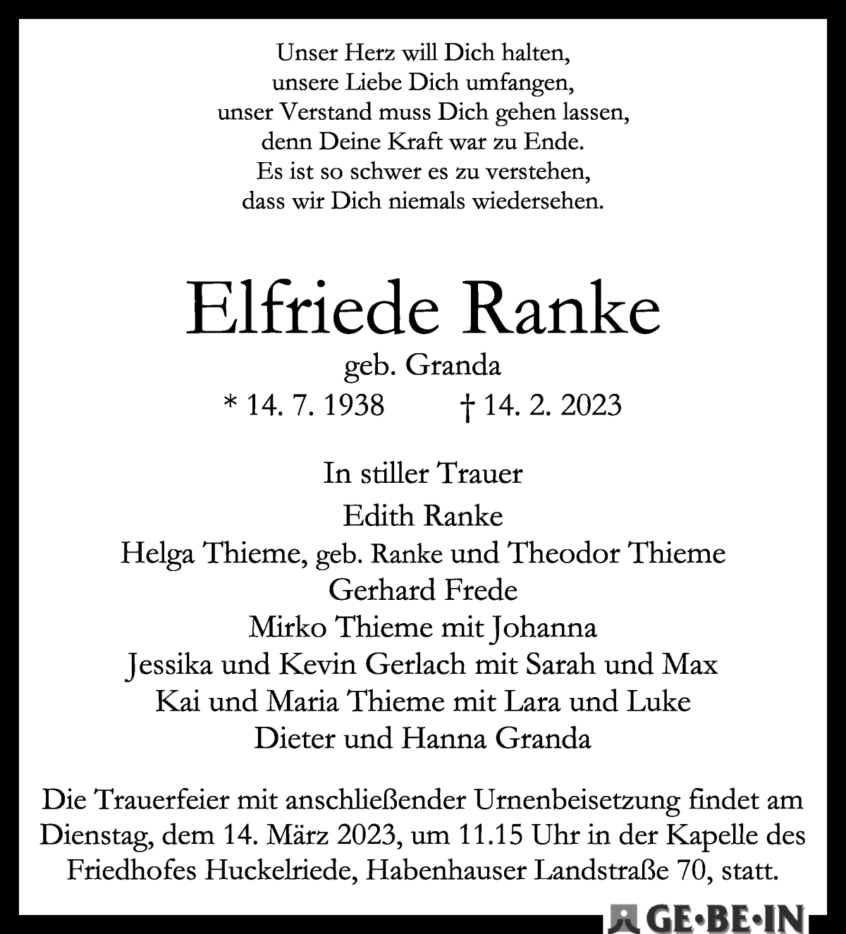 Traueranzeige von Elfriede Ranke von WESER-KURIER