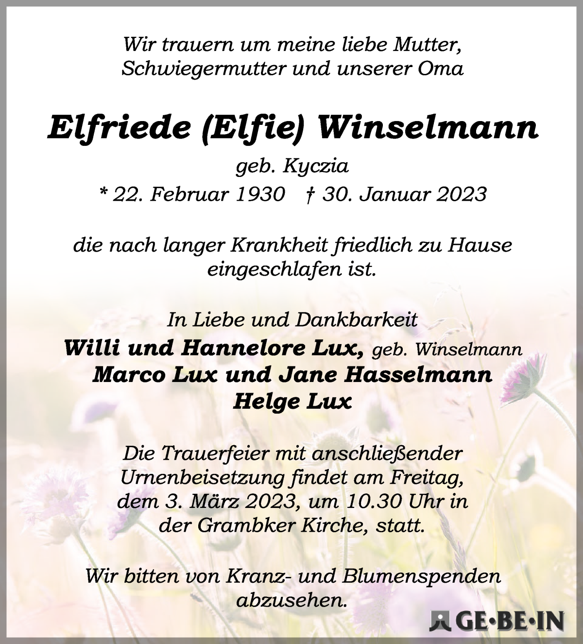 Traueranzeige von Elfriede Winselmann von WESER-KURIER