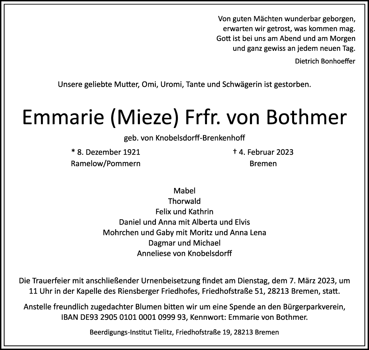Traueranzeige von Emmarie Frfr. von Bothmer von WESER-KURIER