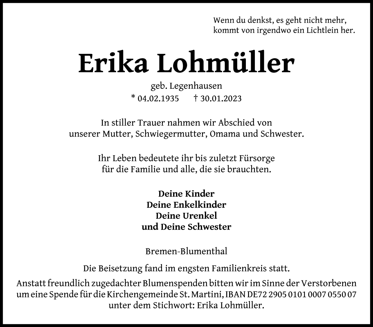 Traueranzeige von Erika Lohmüller von Die Norddeutsche