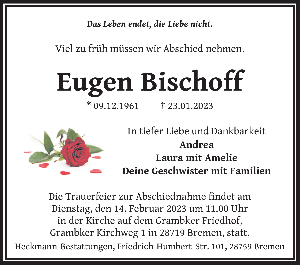 Traueranzeige von Eugen Bischoff von WESER-KURIER