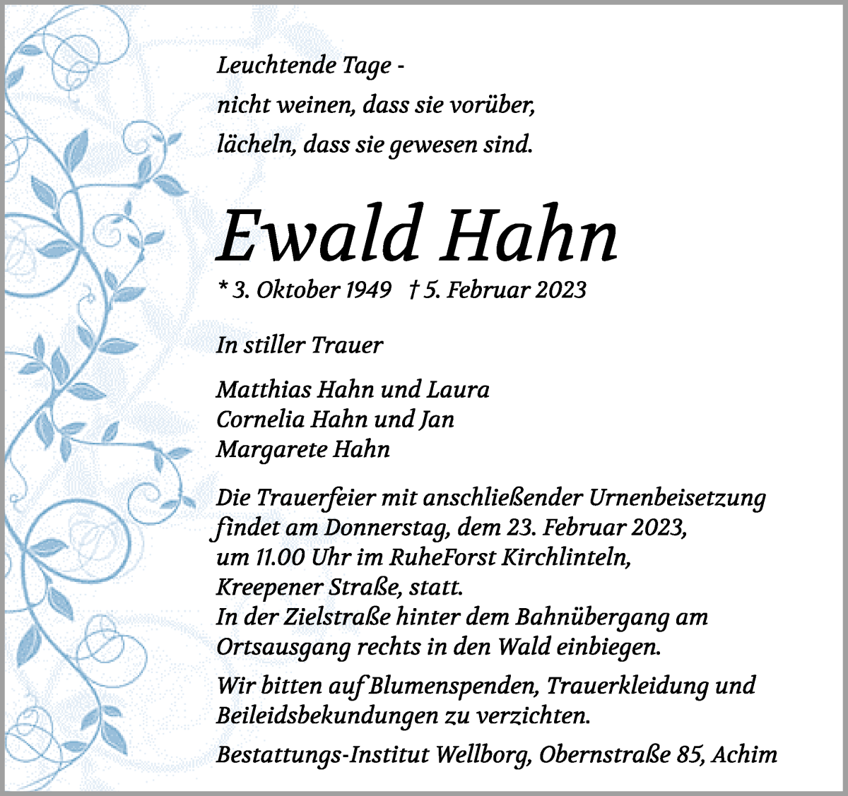 Traueranzeige von Ewald Hahn von WESER-KURIER