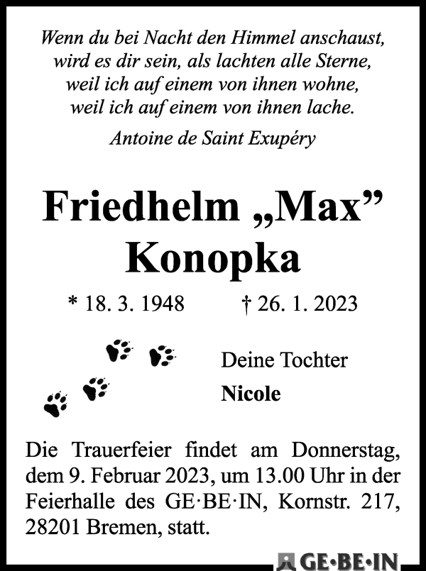 Traueranzeige von Friedhelm Konopka von WESER-KURIER