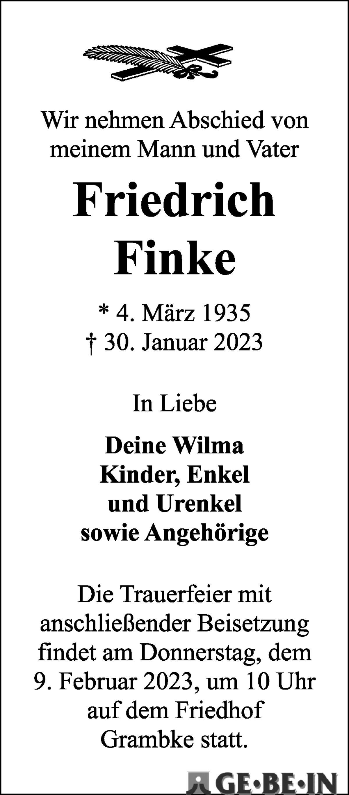 Traueranzeige von Friedrich Finke von WESER-KURIER