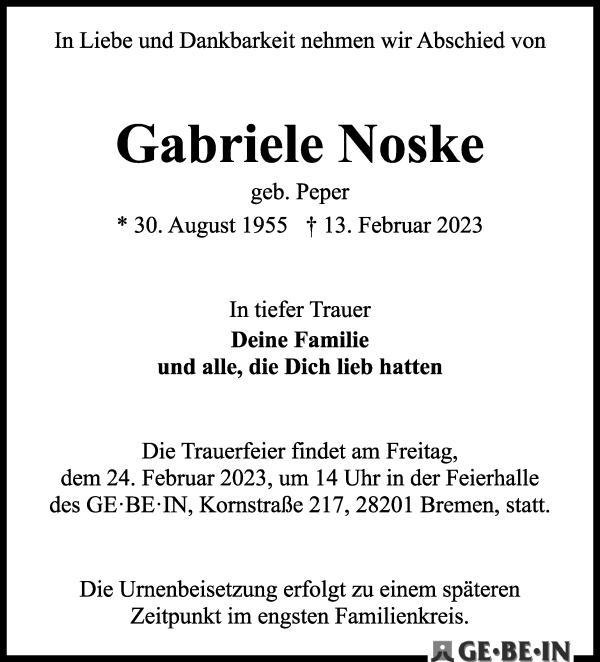 Traueranzeige von Gabriele Noske von WESER-KURIER