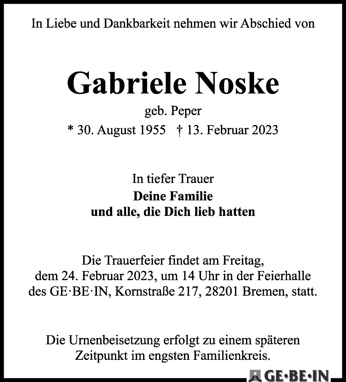 Traueranzeige von Gabriele Noske von WESER-KURIER