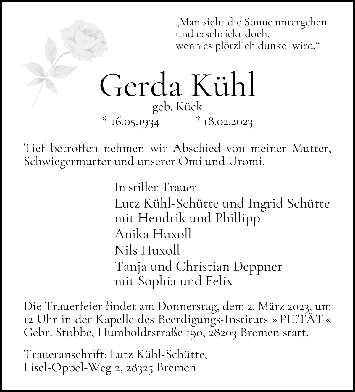 Traueranzeige von Gerda Kühl von WESER-KURIER