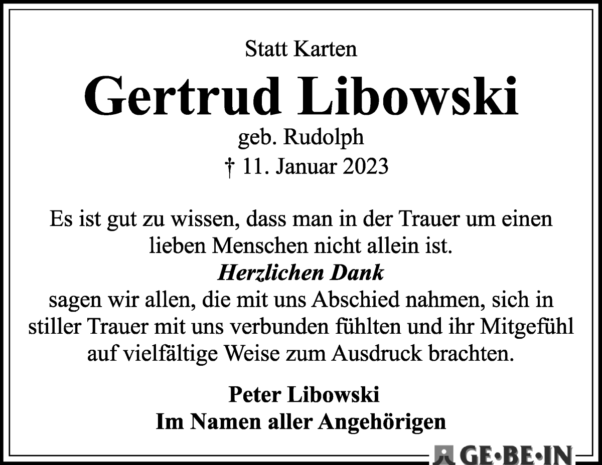 Traueranzeige von Gertrud Libowski von WESER-KURIER