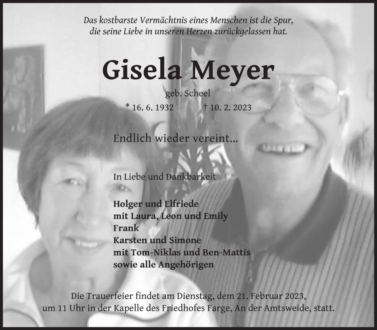 Traueranzeige von Gisela Meyer von Die Norddeutsche