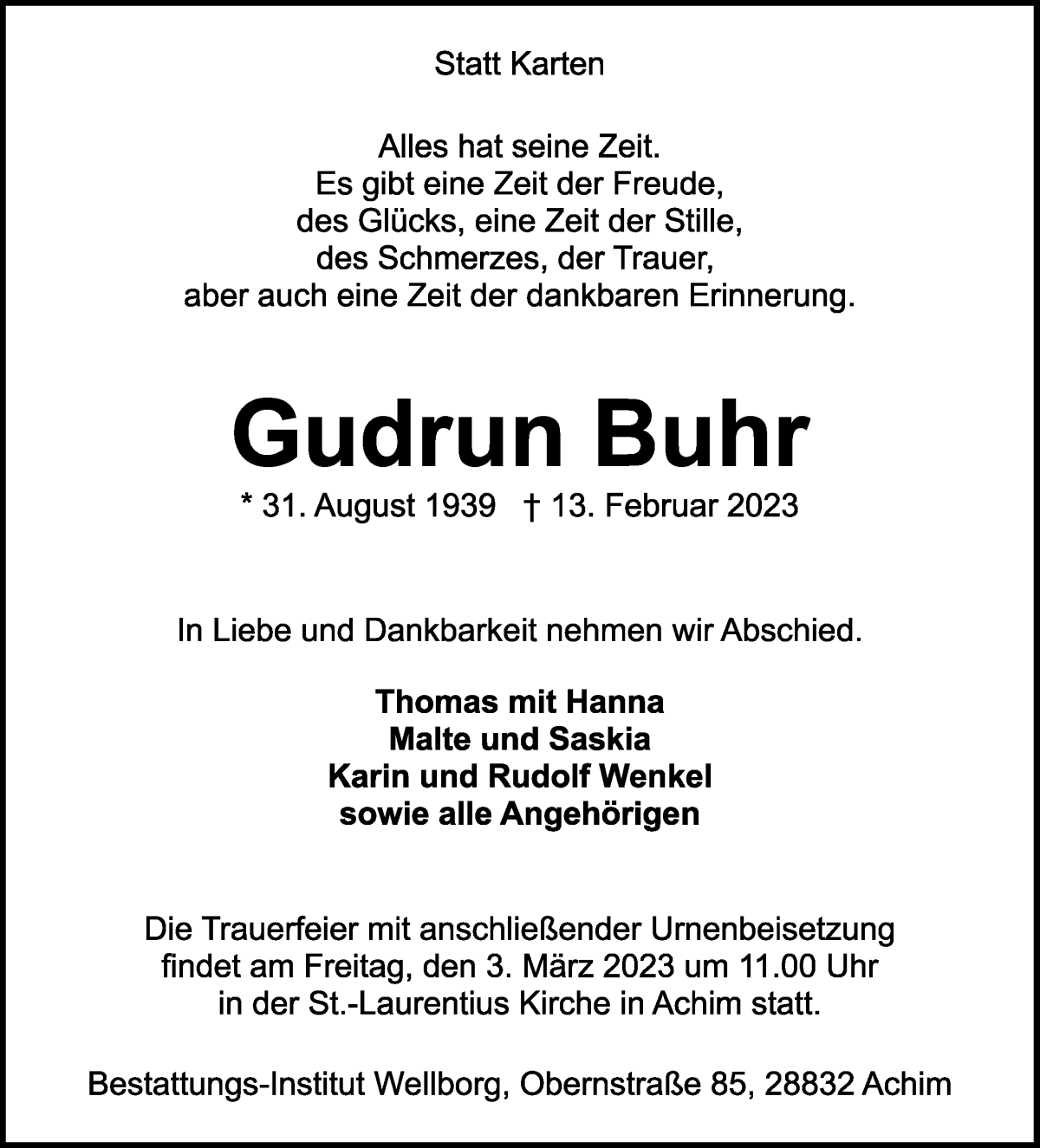 Traueranzeige von Gudrun Buhr von Achimer Kurier/Verdener Nachrichten
