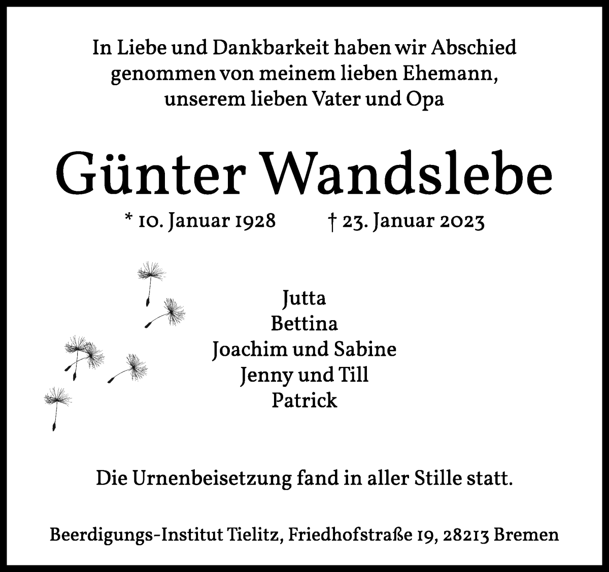 Traueranzeige von Günter Wandslebe von WESER-KURIER