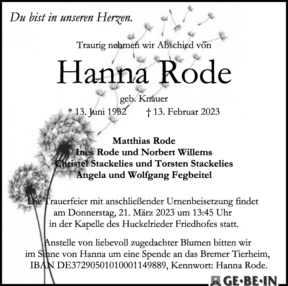 Traueranzeige von Hanna Rode von WESER-KURIER