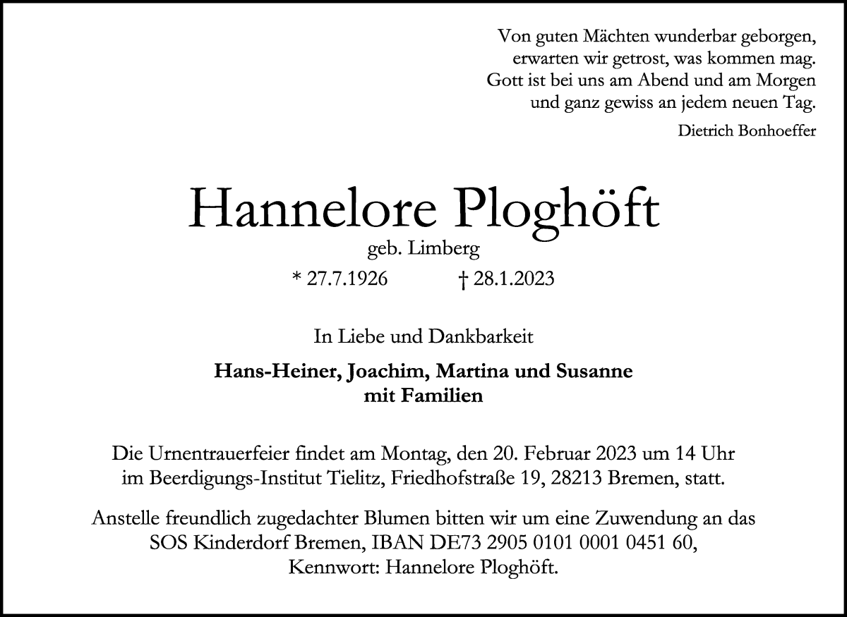 Traueranzeige von Hannelore Ploghöft von WESER-KURIER