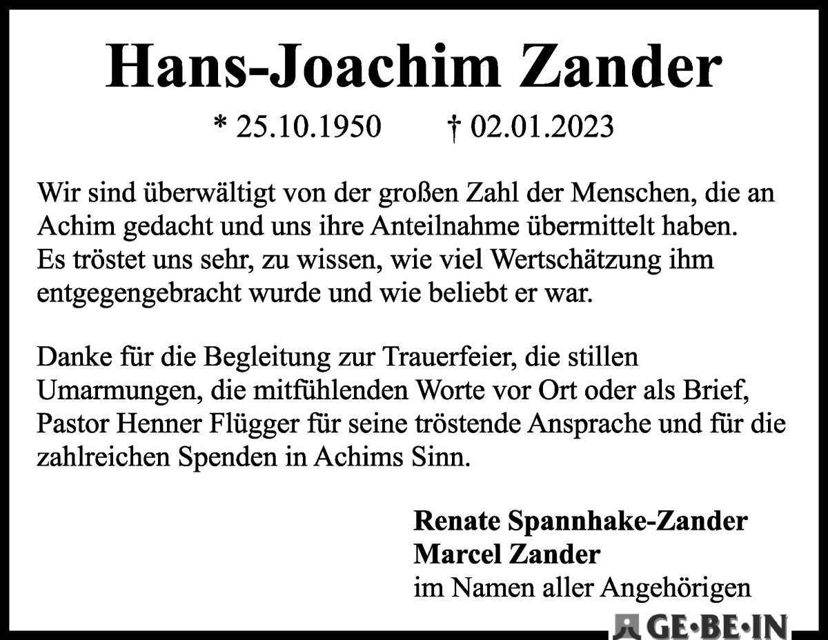 Traueranzeige von Hans-Joachim Zander von WESER-KURIER