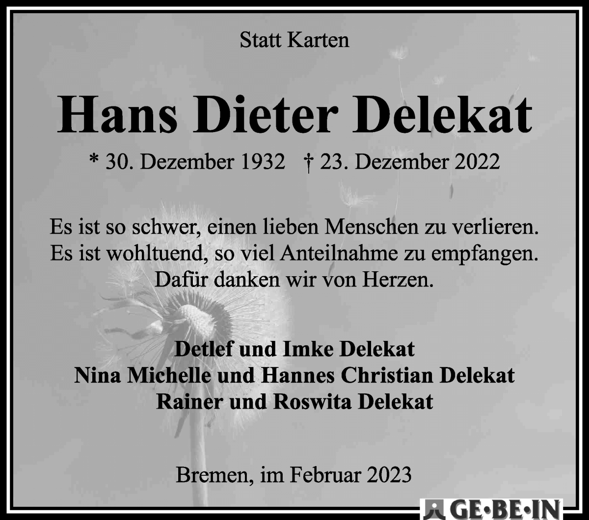 Traueranzeige von Hans Dieter Delekat von WESER-KURIER