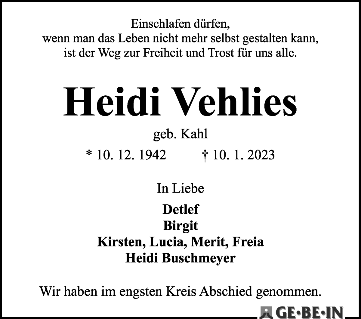 Traueranzeige von Heidemarie Vehlies von WESER-KURIER