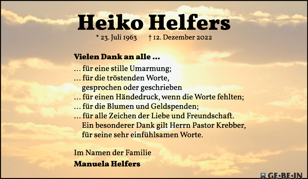 Traueranzeige von Heiko Helfers von Die Norddeutsche