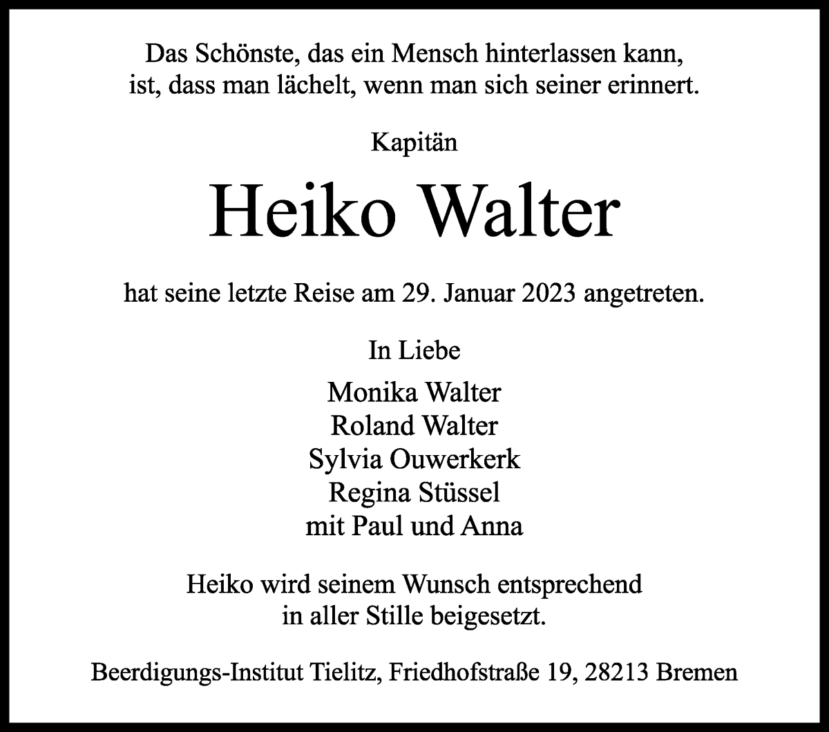 Traueranzeige von Heiko Walter von WESER-KURIER