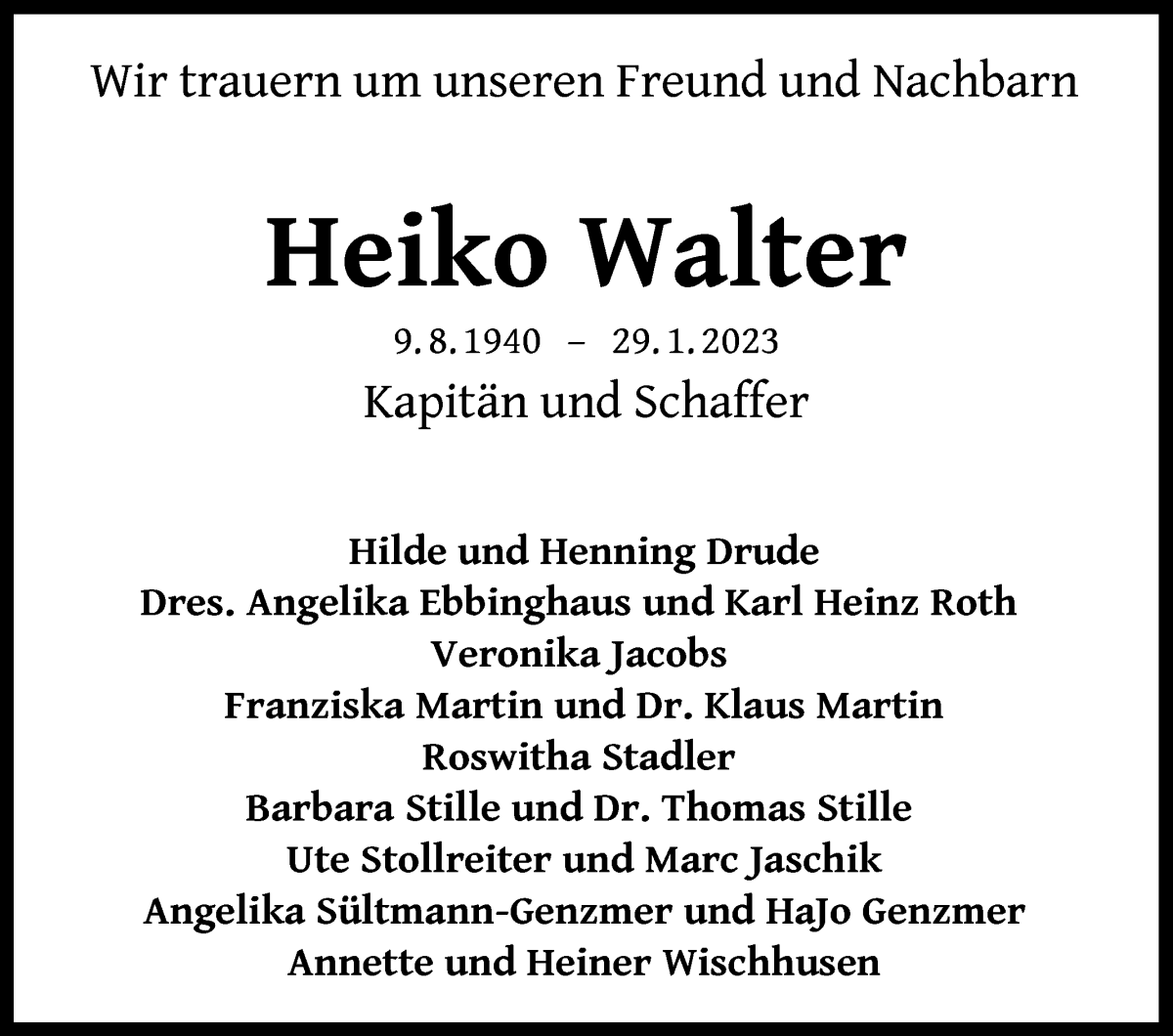 Traueranzeige von Heiko Walter von WESER-KURIER