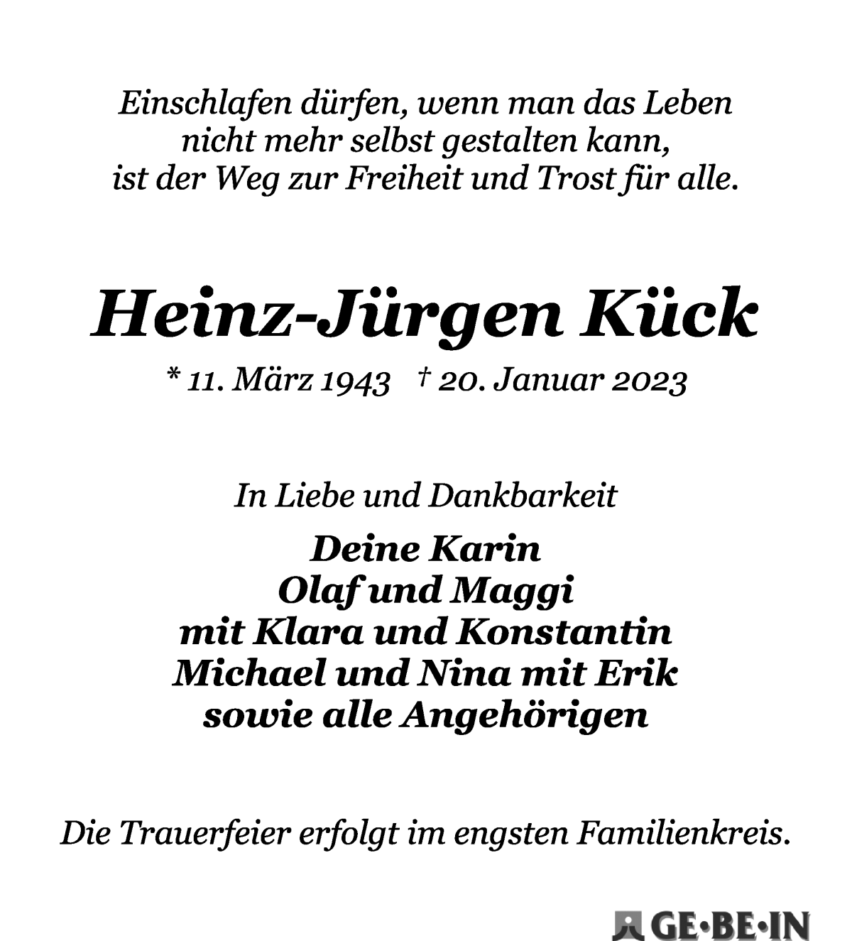 Traueranzeige von Heinz-Jürgen Kück von WESER-KURIER