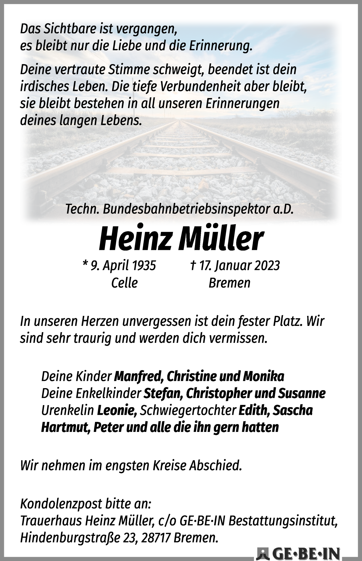 Traueranzeige von Heinz Müller von Die Norddeutsche