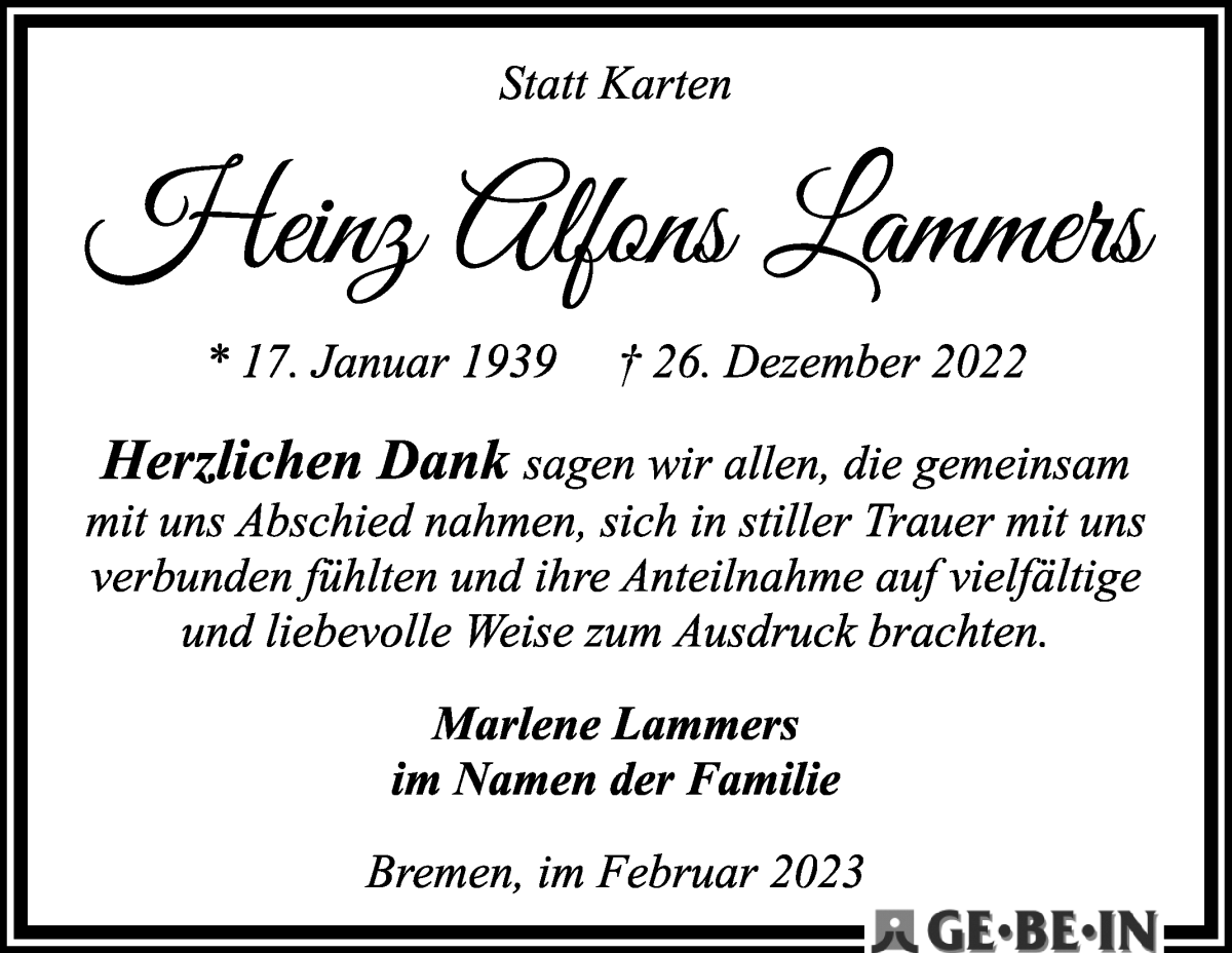 Traueranzeige von Heinz Alfons Lammers von WESER-KURIER