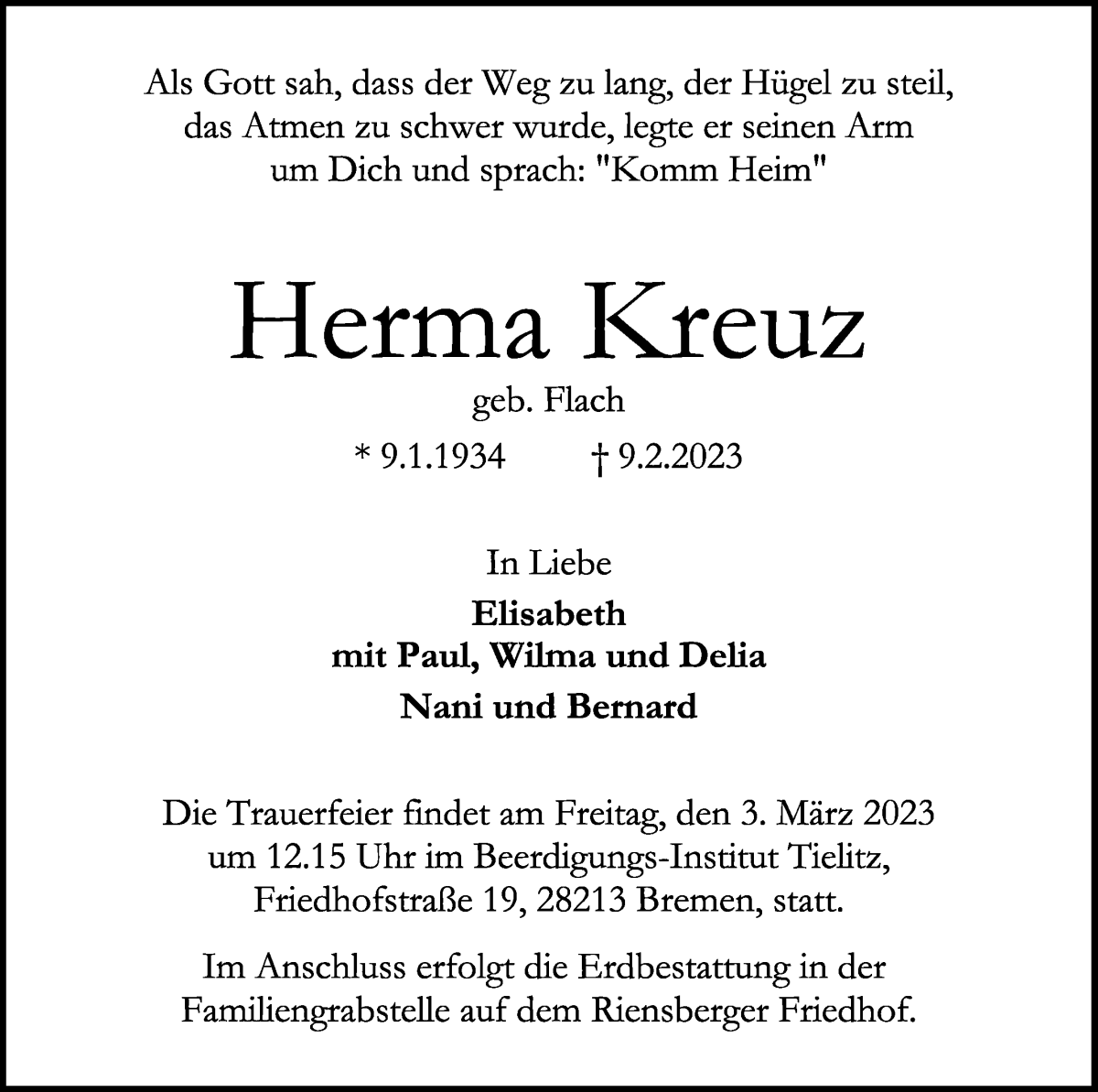 Traueranzeige von Herma Kreuz von WESER-KURIER