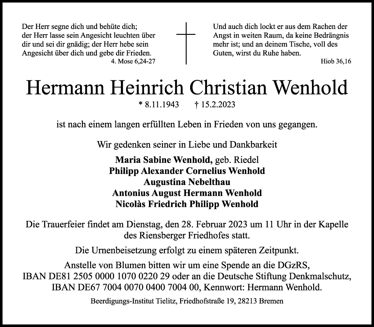 Traueranzeige von Hermann Heinrich Christian Wenhold von WESER-KURIER