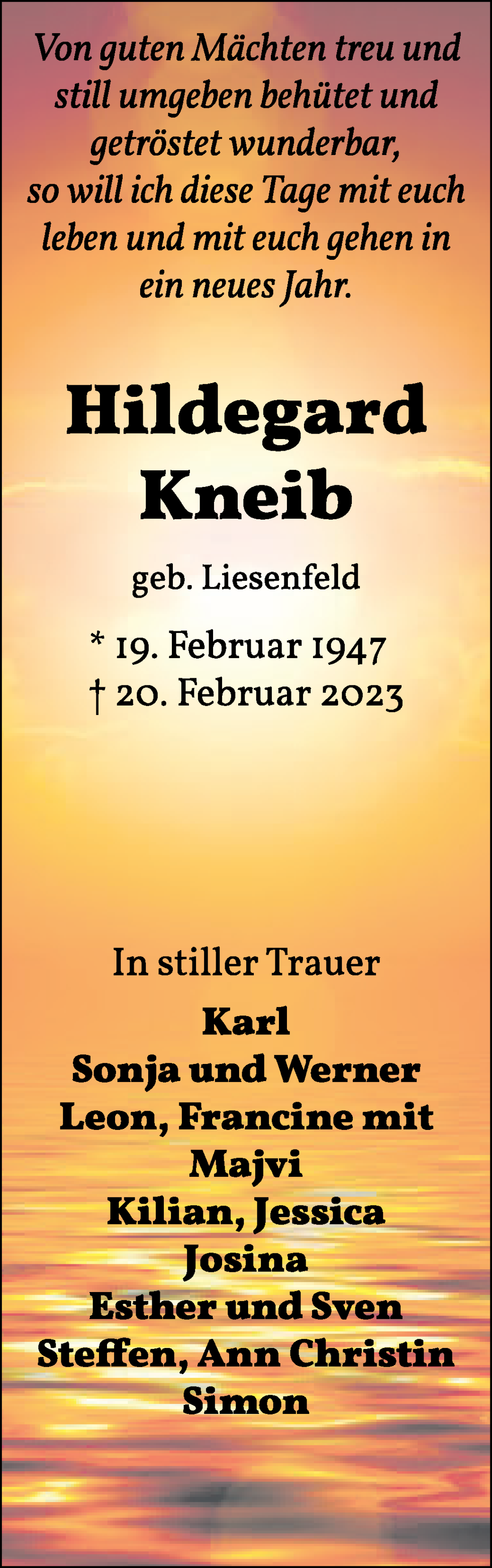 Traueranzeige von Hildegard Kneib von Die Norddeutsche