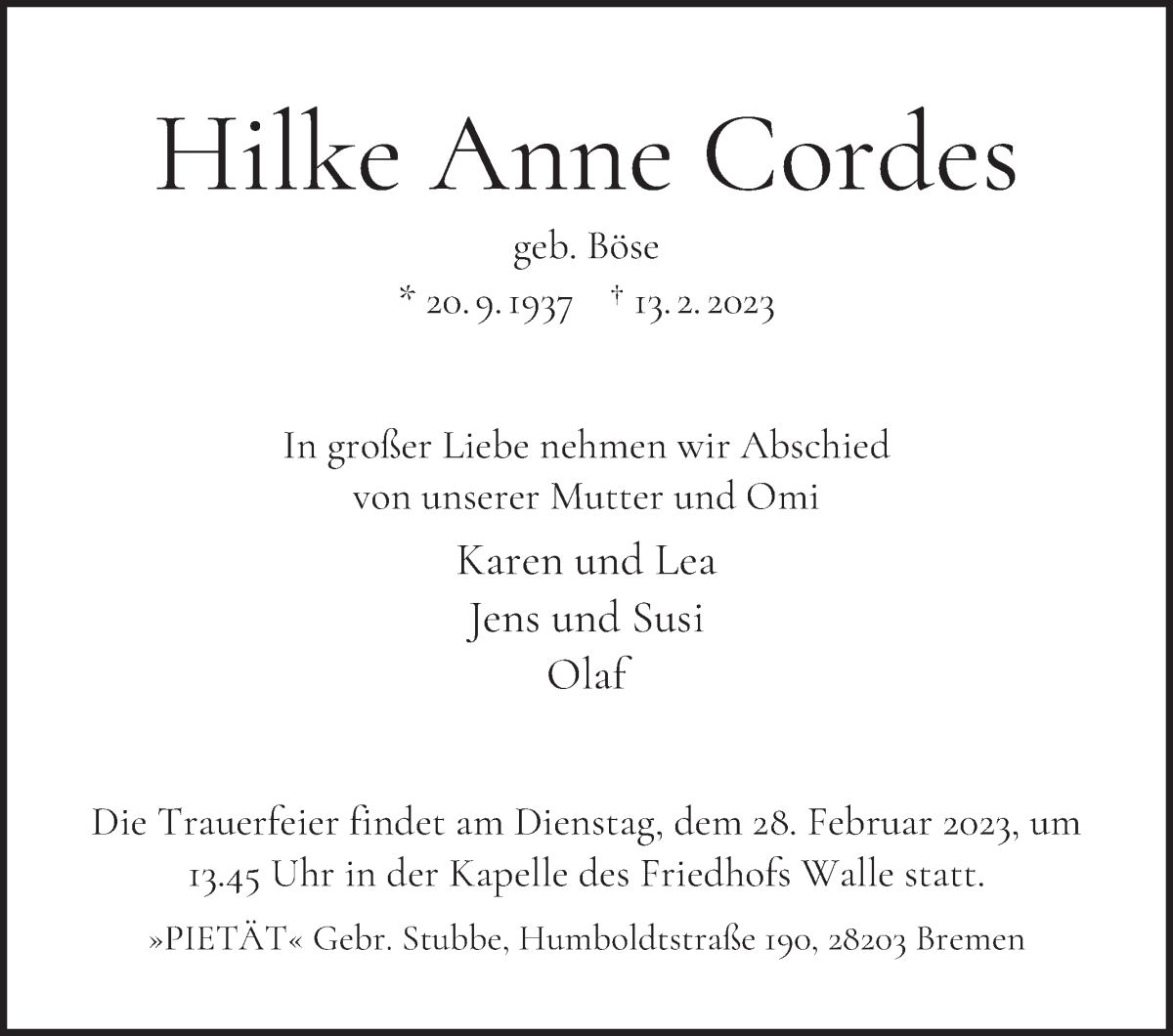 Traueranzeige von Hilke Anne Cordes von WESER-KURIER