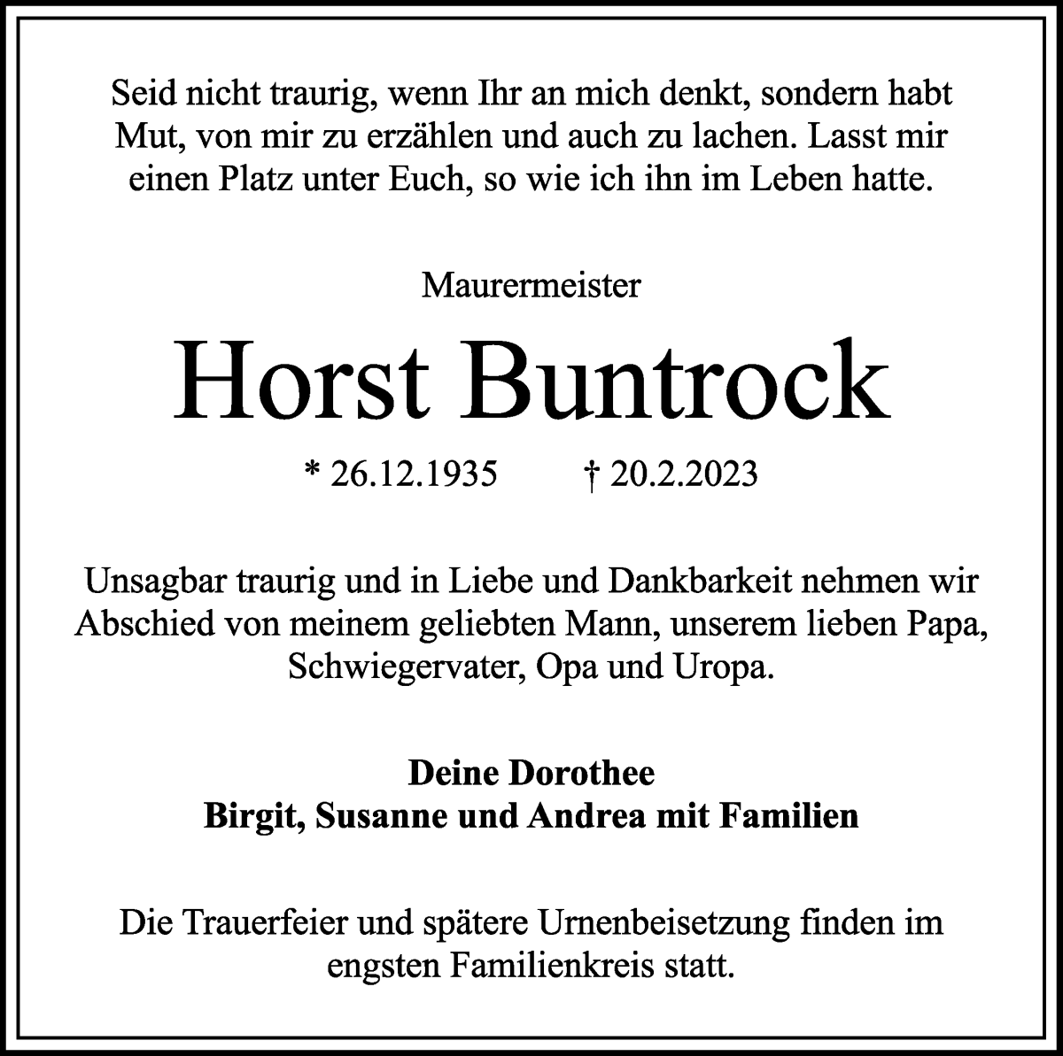 Traueranzeige von Horst Buntrock von WESER-KURIER