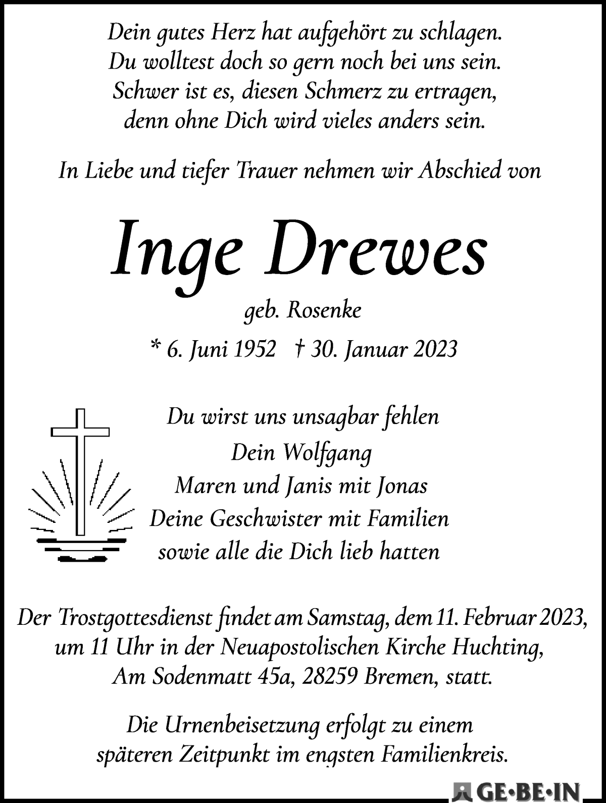 Traueranzeige von Inge Drewes von WESER-KURIER