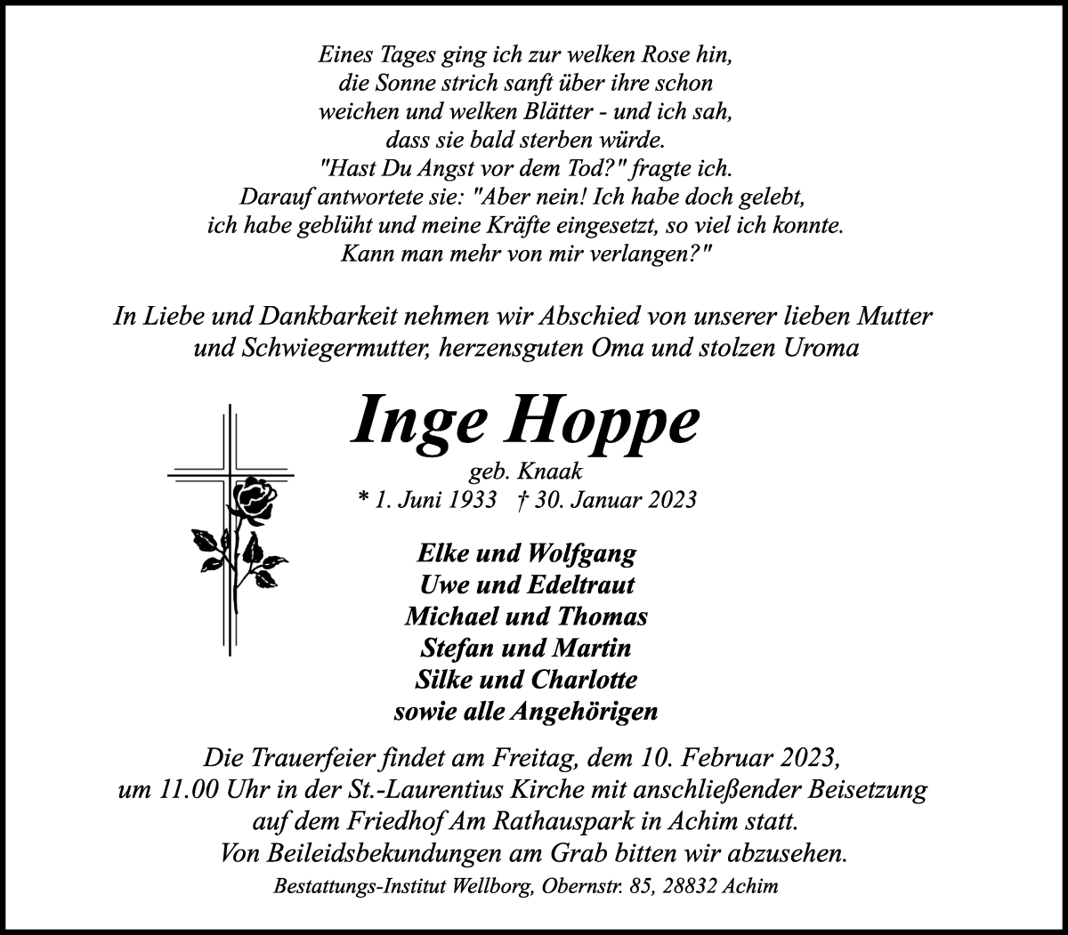 Traueranzeige von Inge Hoppe von Achimer Kurier/Verdener Nachrichten