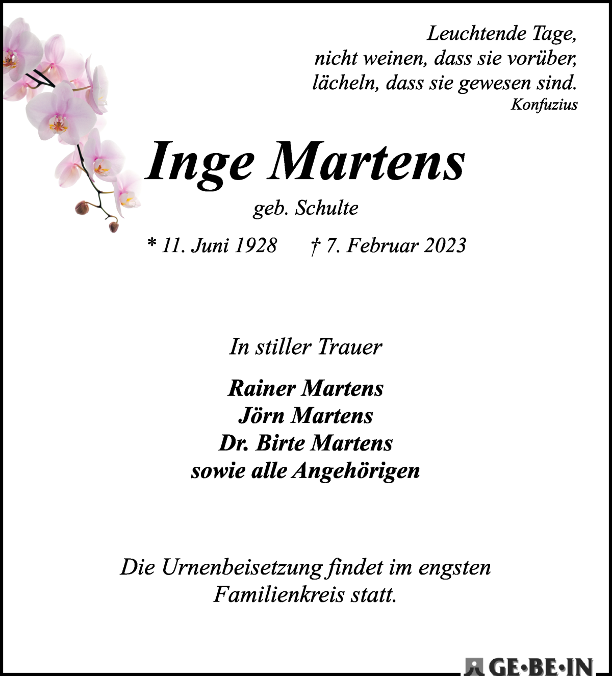 Traueranzeige von Inge Martens von WESER-KURIER