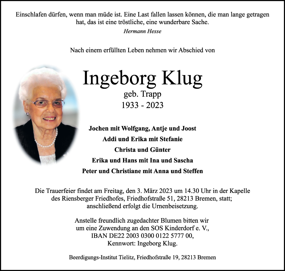 Traueranzeige von Ingeborg Klug von WESER-KURIER