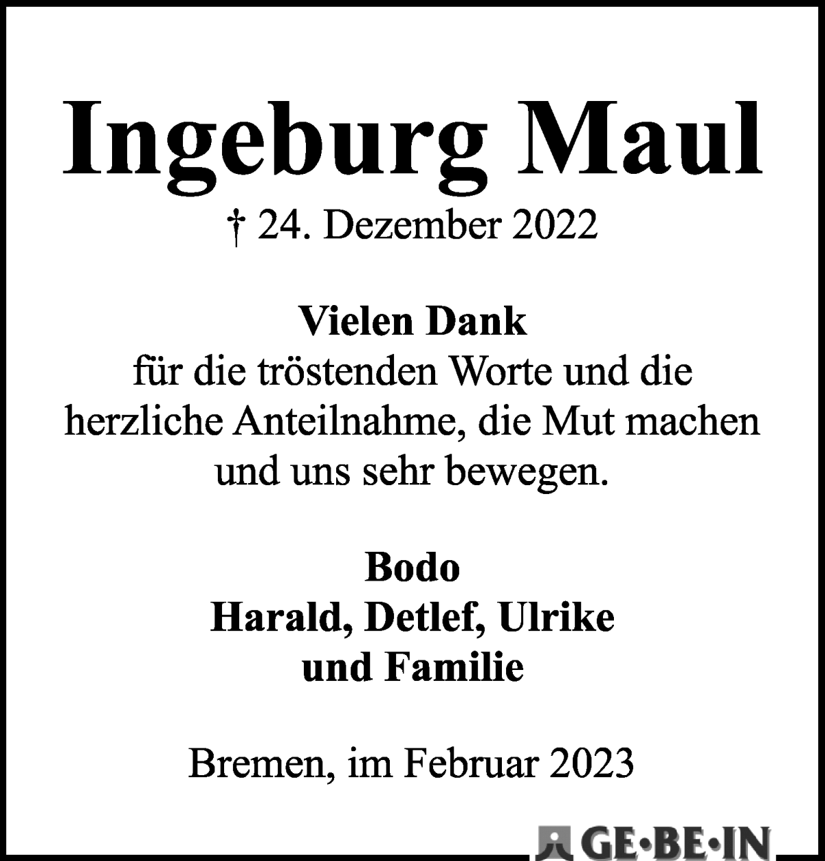 Traueranzeige von Ingeburg Maul von WESER-KURIER