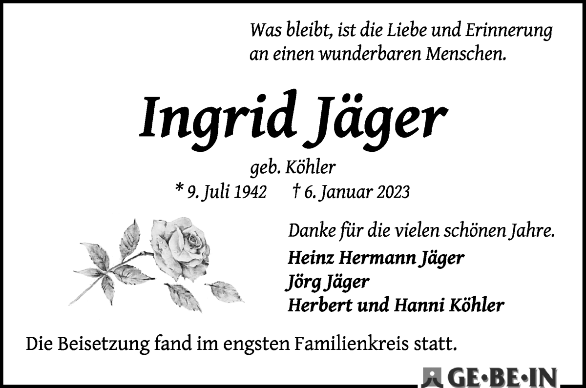 Traueranzeige von Ingrid Jäger von WESER-KURIER