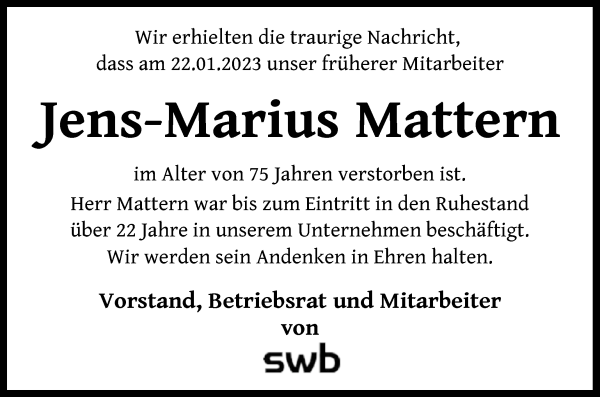 Traueranzeige von Jens-Marius Mattern von WESER-KURIER